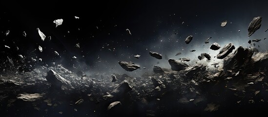 Artificial Intelligence rendering of debris flying on black background covered in dust - obrazy, fototapety, plakaty
