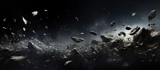 Foto op Plexiglas Artificial Intelligence rendering of debris flying on black background covered in dust © 2rogan