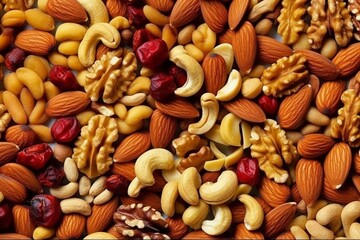 Assorted nuts blend, vibrant and nutritious snack, plant-based food backdrop, focused view. Generative AI