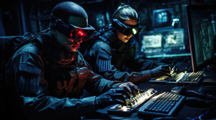 Fototapeta na wymiar Military at computers in a dark room