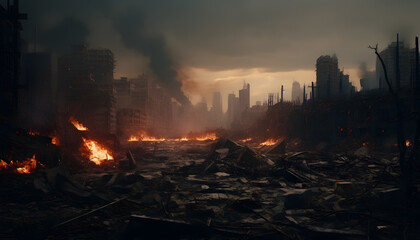 Burning city destroyed in ruins. Collapsing structures after war. War concept