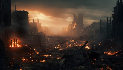 Empty burning city destroyed in ruins. Collapsing structures after war. War concept