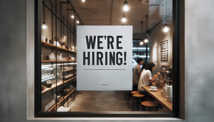 A "We're Hiring" sign on the front door of a cafe. Employment in a booming economy. Looking for workers. Looking for staff. Worker shortages. job vacancy sign.