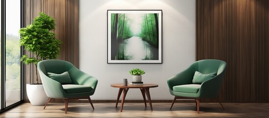 a stylish living room with green and glass walls dark wooden floor two comfortable green armchairs near round coffee table and vertical mock up poster