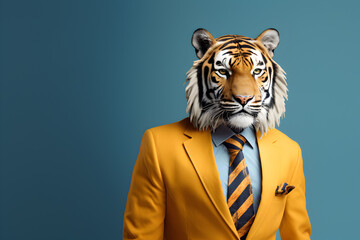 Tiger wearing a yellow suit in a blue background with empty space for text. Business concept 