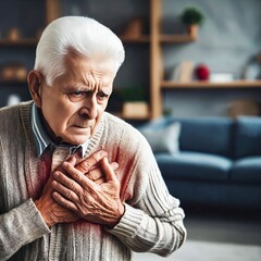 Senior man suffering from heart attack at home. Mature man holding hands on painful chest. Chest pain. Red highlight of heart area. Heart disease concept. Medical concept. Generative AI.