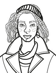 Coloring page with the image of a cute young girl with dreadlocks in a knitted hat and a coat with a scarf