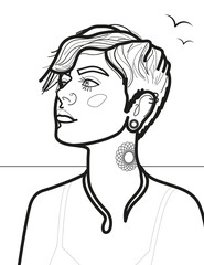 Coloring page with the image of a young girl with a short haircut in a bikini on the background of a seascape