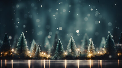 Empty white snow with a blurred Christmas tree and bokeh light background. Mock - up. Minimalistic style, ultra - realistic
