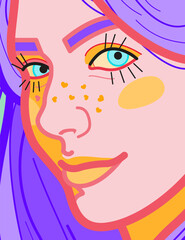 A bright female portrait in the style of pop art. A girl's face with a pleasant smile