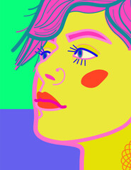 A vivid close-up portrait in the style of pop art depicting a female face with bright makeup and a nose piercing