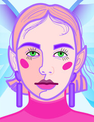 Bright colorful close-up portrait of a young girl in the image of a magical fairy tale fairy