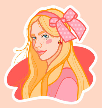 Sticker with the image of a cute smiling girl with long blonde curls with a decoration in the form of a large lush bow