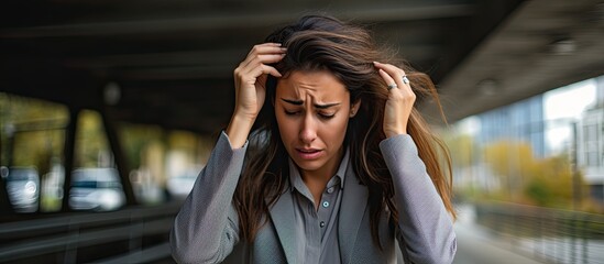 Fototapeta premium Caucasian businesswoman checks phone displays distress over problem holds head from stress in city