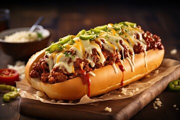  a chili cheese dog on a cutting board with toppings.  generative ai