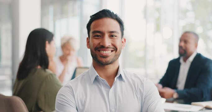 Face, businessman and leader with vision in a meeting with team for creative, planning and problem solving in office. Portrait, man and worker with idea for smile in business meeting with group
