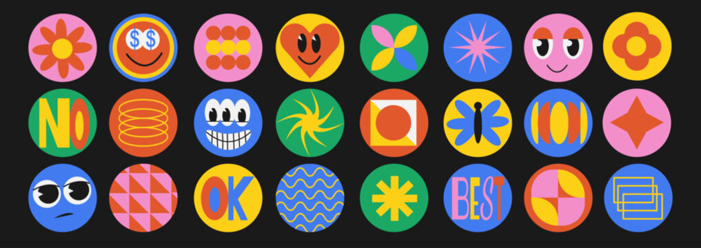 Naklejki Retro abstract sticker with playful geometric shape. Groovy circle oval rectangle arch eyes typography in brutalism 90s style. Vector illustration with wavy geometric elements.
