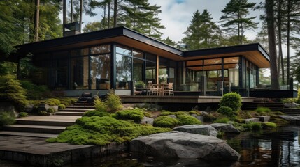 Fototapeta premium A beautiful house with large windows is situated in the heart of a dense forest