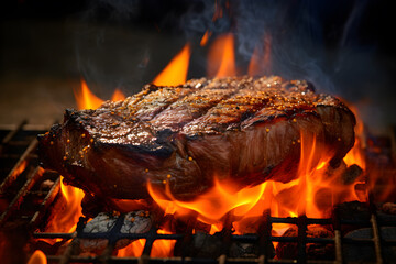 Grilled steak on the grill with flame in dark black background,closeup
