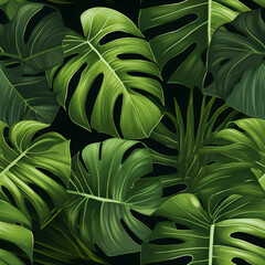 monstera leaves seamless pattern on a black background