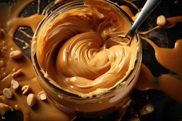  a jar of peanut butter with a spoon in the jar.  generative ai