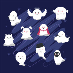 Set of cute halloween ghost characters Vector illustration
