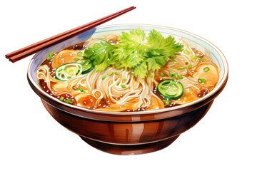 Watercolor bowl of noodles or ramen soup with meat and vegetables isolated on transparent png background, instant noodle for fast cooking.