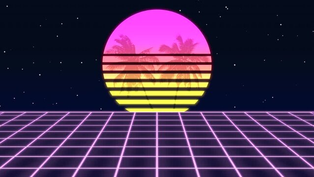 An 80s style pixel art image of a vibrant sunset with palm trees in front. Bright pink and yellow hues create a stunning sky, while the trees stand in shades of green and brown