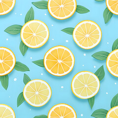  Summer and healthy food concept on pastel blue background. Pattern of circles of lemon slices. Flat lay view