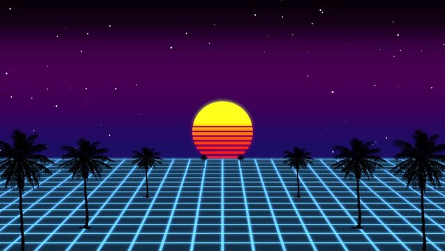 Retro 80's vibes come alive in this striking image, a vibrant sunset with palm trees up front, bold colors contrasting, and a retro grid pattern on the ground