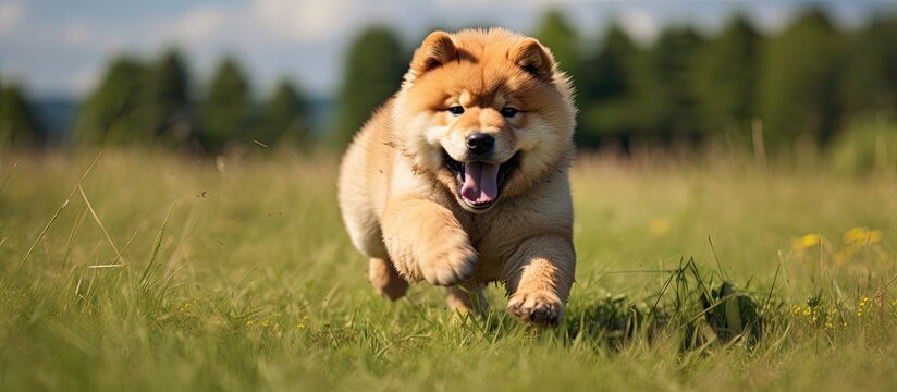 Chow chow puppy runs on grass