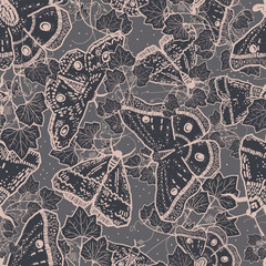 Magical gothic moth bugs pattern in grey and pink. Perfect for Halloween and autumn seasons. Bold and moody butterfly design with a mystic sorcery look. Spooky witchcraft insect illustration.