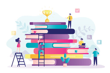 Various young adults strive for goal of learning and reward. Knowledge, learning process. Smart students climbs stairs textbooks to target and goals.