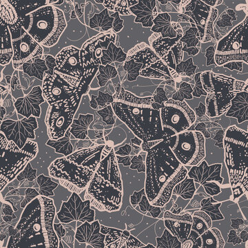 Magical gothic moth bugs pattern in grey and pink. Perfect for Halloween and autumn seasons. Bold and moody butterfly design with a mystic sorcery look. Spooky witchcraft insect illustration.