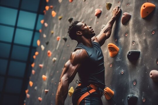 African sportsman exercises climbing on climbing wall