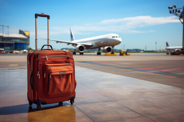 Luggage at the airport with airplane in the background. Travel concept