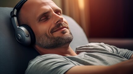 Mann liegt entspannt auf der Couch und hört über Kopfhörer Musik - obrazy, fototapety, plakaty