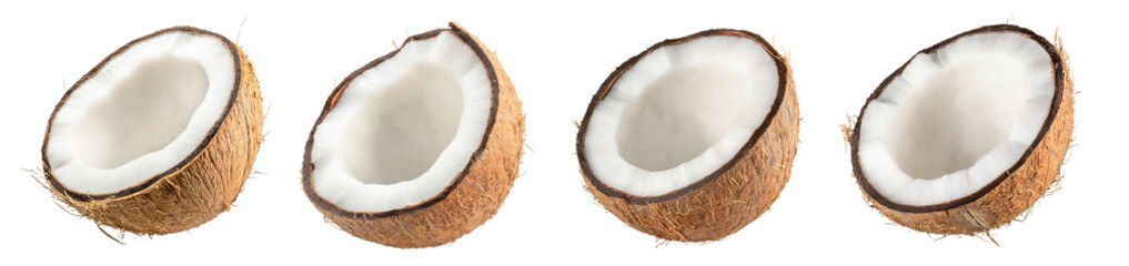 Collection of half cut coconuts, isolated on a transparent background with a PNG cutout or clipping path.