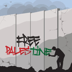 Flat design illustration of artist drawing graffiti Free Palestine on the wall - obrazy, fototapety, plakaty