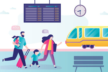 Parents with children and luggage running along railway platform. Passengers missed the train. Catch leaving wagon, late for departure.