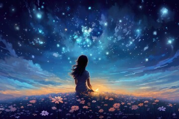 Fototapeta premium Young woman sitting on grass and looking at night sky with stars, illustration of a girl sitting in flower field under starfield sky, AI Generated