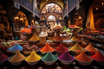 Colorful spices in the souk of Marrakesh, Immerse in an exotic spice bazaar, with colorful sacks and jars showcasing a diverse array of global flavors in a vibrant market setting, AI Generated - obrazy, fototapety, plakaty