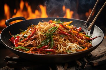 Stir fry noodles with pork and vegetables in wok on fire background, Indulge in the fiery excitement of Asian street food with a sizzling wok filled with stir-fried noodles, vegetables, AI Generated - obrazy, fototapety, plakaty