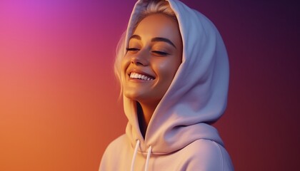 Portrait of young happy woman with multicolored hoodie.