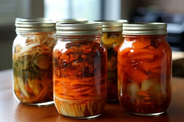 Jars fermenting homemade Korean kimchi. Generative AI