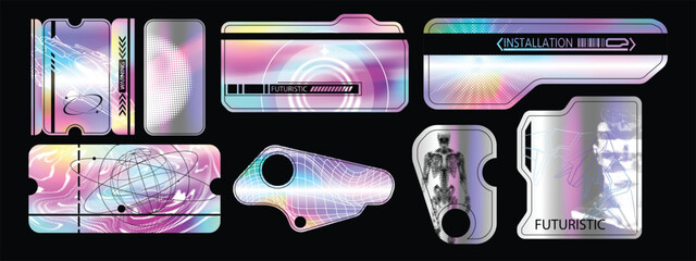 Hologram y2k sticker set, vector holography retro futuristic label kit, neon acid gradient CD tag. Silver shiny foil vintage cyberpunk voucher, 2000’s aesthetic trippy metal pack. Hologram sticker - obrazy, fototapety, plakaty