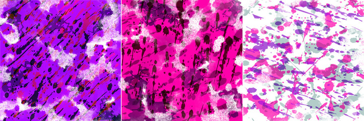 Dynamic jets on purple, pink and white backgrounds. Set of abstract colorful backgrounds with spots and drops. Imitation of a watercolor painting. Illustration.
