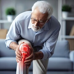Senior man suffering from knee pain at home. Mature man holding hands on painful knee. Knee pain. Red highlight of knee area. Osteoarthritis, arthritis, arthrosis. Medical concept. Generative AI. - obrazy, fototapety, plakaty