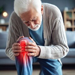 Senior man suffering from knee pain at home. Mature man holding hands on painful knee. Knee pain. Red highlight of knee area. Osteoarthritis, arthritis, arthrosis. Medical concept. Generative AI.