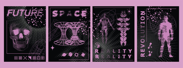 Retro futuristic poster set, vector y2k cyberpunk space aesthetic print, brutalist sci-fi clipart. 2000’s cyber halftone t-shirt collection, cyborg human figure, fiction pixel skull. Retro futuristic